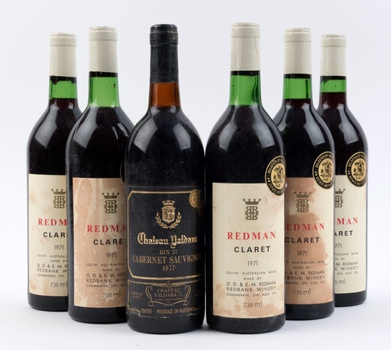 1971 Redman Claret, Coonawarra, South Australia (5 bottles) plus 1977 Chateau Yaldara Bin 37 Cabernet Sauvignon, Barossa Valley (1 bottle), Total 6 bottles.