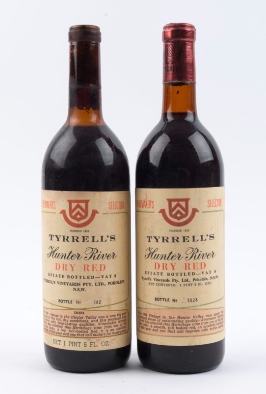 1968 Tyrrell's Dry Red Vat 8 (1 bottle) and 1969 Tyrrell's Dry Red Vat 8 (1 bottle), Hunter Valley, New South Wales, (2 bottles).