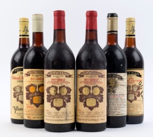 A Wolf Blass selection: 1971 Selected Individual Vintage Cabernet Sauvignon - Eden Valley (1 bottle); 1972 Shiraz-Cabernet Sauvignon (2 bottles); 1974 Shiraz Barossa Valley, Langhorne Creek (1 bottle); 1980 Cabernet Sauvignon-Shiraz (1 bottle); 1981 Yellow Label Cabernet Sauvignon - Shiraz (1 bottle). Total: 6 bottles).