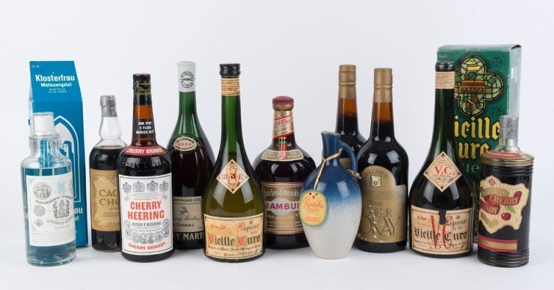 A EUROPEAN MIX comprising of Vielle Cure liqueur (2 bottles), Cherry Heering Brandy, Klosterfrau Milissengeist, Cacao Choix, Ratafia, Honey Cherry Brandy, Houghton Tokay (2 bottles), Remy Martin VSOP Fine Champagne Cognac, (11 bottles).