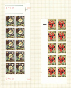 AUSTRALIA: Decimal Issues: 1968-73 group of large multiples comprising 1968 Floral Emblems 6c to 30c in corner blocks of 10, the 13c, 15c, 25c & 30c with sheet numbers in red at base (the 25c with additional sheet number at top), 1969 Xmas 5c & 25c in sheet number blocks of 10, 1972 Primary Industries set in sheet number blocks of 30 (3x10), 1972 Olympics in sheet number blocks of 20 (4x5), 1972 Xmas in marginal blocks of 30 and 1973 National Development in marginal blocks of 10;