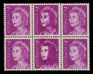 AUSTRALIA: Decimal Issues: 1966-73 (SG.388a) QEII 7c block of 6 (3 x2) with progressive over-inking evident on the two central units, resulting in a "Hairy-faced Queen" on the lower unit; four units MUH including the two variety stamps. Impressive flaw.