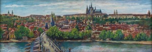 Artist Unknown Prague - the Charles Bridge and the Castle, oil on board, signed indistinctly verso, 26 x 69cm.