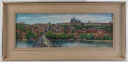 Artist Unknown Prague - the Charles Bridge and the Castle, oil on board, signed indistinctly verso, 26 x 69cm. - 2