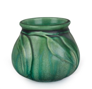 MELROSE WARE gumnut and gum leaf green glazed vase, stamped "Melrose Ware, Australian", ​8cm high, 10cm wide