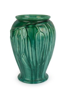 MELROSE WARE gum leaf vase with green glaze, stamped "Melrose Ware, Australian", ​24.5cm high