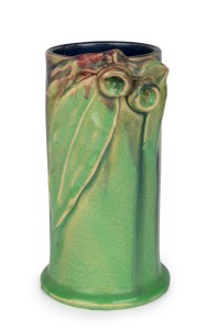 REMUED pottery vase with applied gumnuts and leaves in lime green and pink glaze with blue interior, incised "Remued, 1934, Hand Made, 145/6M", 17cm high