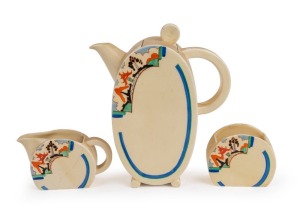 CLARICE CLIFF "Red Roof Pagoda" Bonjour teapot, sugar bowl and milk jug, (3 items) black factory mark "Clarice Cliff Wilkinson Ltd. England", the teapot 19cm high