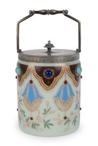 An antique glass biscuit barrel with enamel floral decoration and silver plated mounts, 19th century, 24cm high