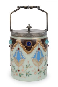 An antique glass biscuit barrel with enamel floral decoration and silver plated mounts, 19th century, ​​​​​​​24cm high