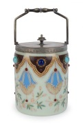 An antique glass biscuit barrel with enamel floral decoration and silver plated mounts, 19th century, ​​​​​​​24cm high