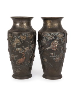 A pair of Japanese bronze vases with copper and gold highlights, Meiji Period, ​​​​​​​17.5cm high