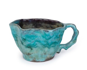 JOLLIFF turquoise glazed pottery jug, incised "Hand Built Jolliff, FEC, 1947", 9cm high, 17cm wide