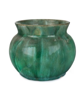 JOHN CAMPBELL green glazed pottery vase with flared rim, incised "John Campbell, 1933", 12cm high, 15cm diameter