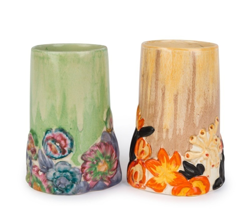 CLARICE CLIFF "My Garden" pair of English porcelain vases, circa 1925, stamped "Bizarre By Clarice Cliff, My Garden, Hand Painted, Wilkinson Ltd. England", 12.5cm high