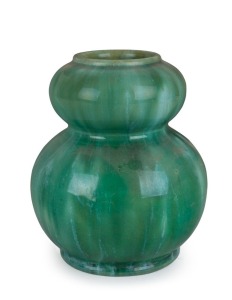 McHUGH green glazed double gourd shaped pottery vase, incised "H. McHugh, Tasmania", 15cm high