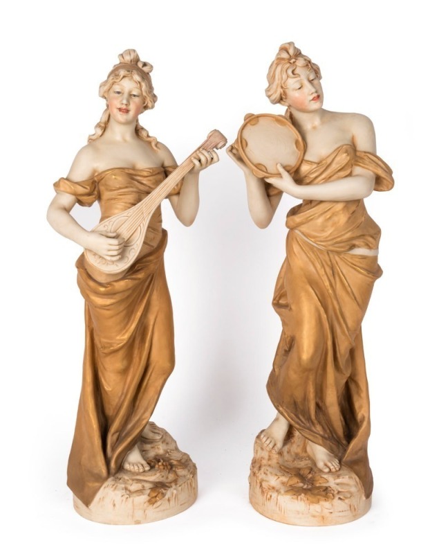 ROYAL DUX pair of Bohemian porcelain statues of female musicians, early 20th century, pink triangle mark to bases, ​​​​​​​73cm high