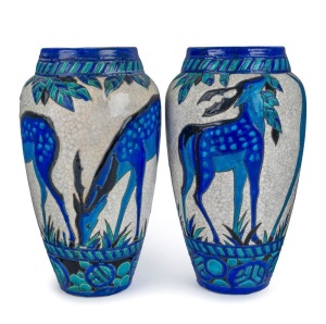 CHARLES CATTEAU stunning pair of Belgian Art Deco pottery mantel vases decorated with grazing deer, circa 1920, black factory mark to base "Ceramis, Made in Belgian, CH. Catteau, D.943", 30cm high