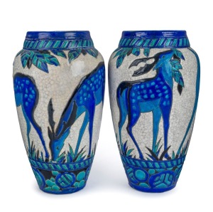 CHARLES CATTEAU stunning pair of Belgian Art Deco pottery mantel vases decorated with grazing deer, circa 1920, black factory mark to base "Ceramis, Made in Belgian, CH. Catteau, D.943", ​​​​​​​30cm high