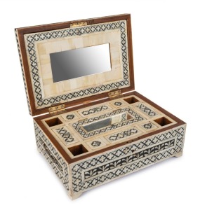 An Indian workbox, bone marquetry and hardwood, interior fitted with compartments and mirrors, 20th century, 15cm high, 33cm wide,23cm deep