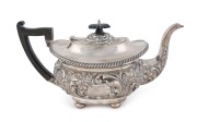 An antique English sterling silver teapot by Walker & Hall, Chester, circa 1906, 16cm high, 30cm wide, 730 grams total ​​​​​​​