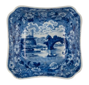 "PONTE ROTTO" Staffordshire blue and white transfer bowl, circa 1825, ​​​​​​​10cm high, 23cm wide