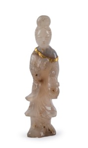 An antique Chinese carved mutton jade statue of a lady, Qing Dynasty 18th/19th century. Note: later, 19th century gold repair work and silk covered stand. 18cm high, 20cm high overall