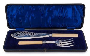 Antique English sterling silver and bone fish servers in original plush box, made by George Hape of Sheffield, circa 1905, the box 34cm wide