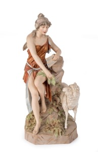 ROYAL DUX porcelain statue of woman feeding a lamb, early 20th century, pink triangle mark "Royal Dux, Bohemia", 47cm high