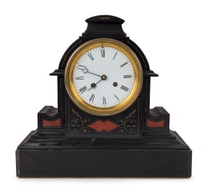 Antique French mantel clock, 8 day time and strike movement in black slate and rouge marble case, 19th century