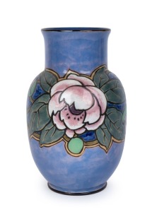 ROYAL DOULTON "Peony" pattern stoneware art pottery vase by FLORRIE JONES, early 20th century, impressed factory mark "Royal Doulton, England" and incised "F.J." and "W.R.", 27.5cm high