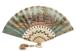 A HAND-PAINTED FAN, circa 1800,  "La halte musical", painted in gouache, 52 x 27cm, ivory openwork frame with silver and gilt highlights. On the back, a farming scene depicting three girls coming upon a young man while he is working, also painted in gouac