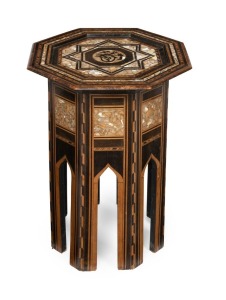 An antique Syrian octagonal occasional table with mother of pearl and parquetry inlay, 19th century, 51cm high, 42cm wide