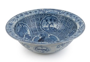 BINH THUAN shipwreck antique Chinese blue and white porcelain wash basin bowl, Ming Dynasty, early 17th century, (no labels present), 9.5cm high, 31cm diameter