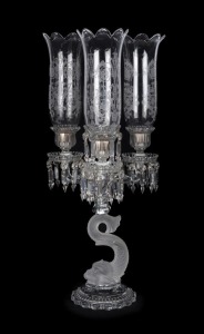 BACCARAT French crystal "Dolphin" three branch candelabra with etched shades, mid 20th century, acid etched factory mark to base, 70cm high