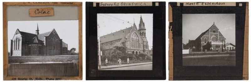 AUSTRALIAN CHURCHES - Two boxes of assorted antique and vintage glass slides predominantly of Melbourne and Geelong churches plus country Victoria. A fascinating collection. (200+ slides)