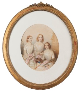 ARTIST UNKNOWN (19th century), (three sisters with dog), watercolour, in oval gilt frame, ​27 x 22cm, frame 49 x 42cm overall