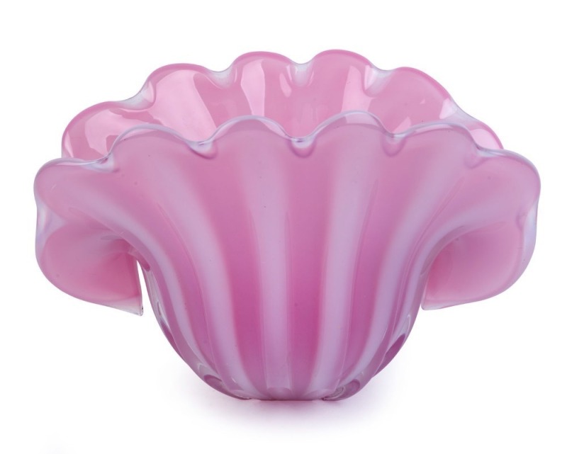 FRATELLI TOSO pink opalino Murano glass clam shell bowl, circa 1950, ​23.5cm high, 35cm wide