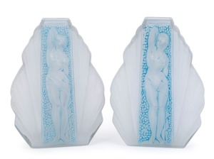 CARRILLO French Art Deco pair of frosted glass vases, circa 1930, stamped "Made In France", ​26cm high