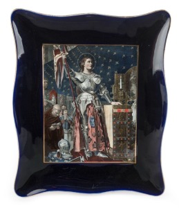 SARREGUEMINES "JOAN OF ARC" antique French porcelain wall plaque, 19th/20th century, 45 x 37cm