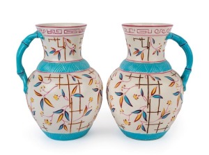 BROWNHILLS POTTERY pair of antique English majolica jugs, circa 1880, stamped "B.P. Co." with diamond pattern registration mark, 32cm high