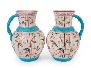 BROWNHILLS POTTERY pair of antique English majolica jugs, circa 1880, stamped "B.P. Co." with diamond pattern registration mark, ​32cm high