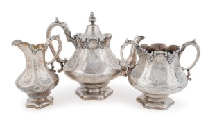 An antique Scottish sterling silver three piece tea service with maker's stamp "J.C.", Glasgow, circa 1850, the teapot 22cm high, 1505 grams total