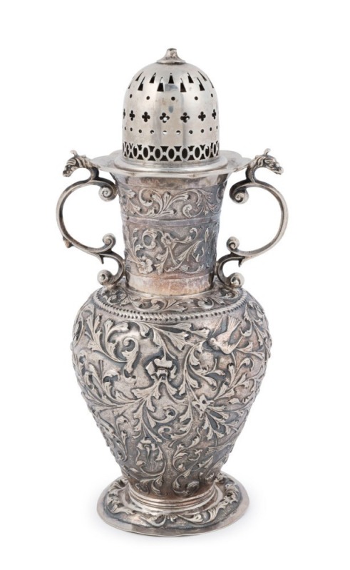 An antique Dutch silver sugar caster with repoussé foliate design, 19th century, ​17cm high, 198 grams