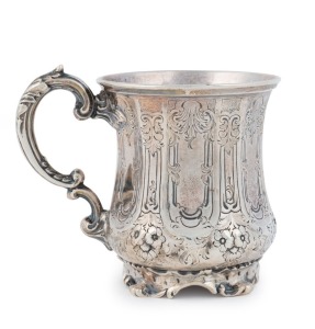 An antique English sterling silver christening mug, London, circa 1858, 10cm high, 168 grams