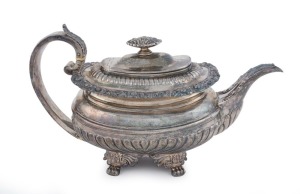 A Georgian English sterling silver teapot London, early 19th century, 17cm high, 29cm wide, 805 grams total
