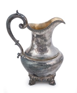 An antique English sterling silver jug with engraved family crest, by Edward, Edw. junior, John & William Barnard of London, circa 1844, ​17.5cm high, 264 grams