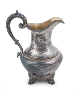 An antique English sterling silver jug with engraved family crest, by Edward, Edw. junior, John & William Barnard of London, circa 1844, 17.5cm high, 264 grams