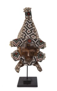 A fine African double sided face mask, carved wood, natural woven fibre, shell and beads, Lele Tribe, Democratic Republic of Congo, with stand, ​57cm high