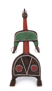 African plank doll, carved wood and beads with iron hoop adornments, Ndamji tribe, Cameroon, ​49cm high